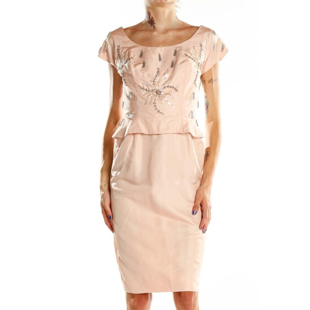 Vtg 50s 60s Pink Bead Silk Chiffon Dress Dress Peplum Cocktail Low Back Floral